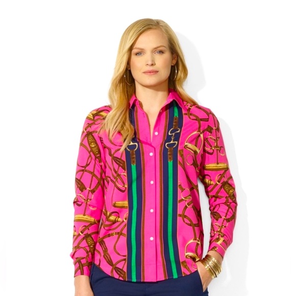 RALPH LAUREN Rare Pink Equestrian Horse Bit Stirrup Beautiful Luxury Blouse Sm - Picture 3 of 15